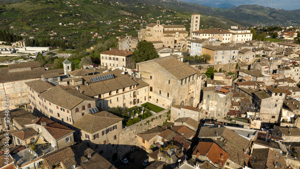 Aerial view of the historic center of the town of Anagni which is located in the province of Frosinone in Lazio, Italy. It is known as the city of the popes.