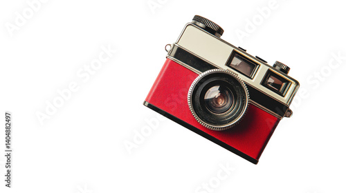 A vintage camera with a red and white design is captured against a plain background, symbolizing nostalgia and photography