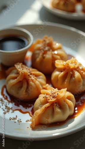 Wallpaper Mural Exquisite Potstickers Garnished with Sesame Seeds Served with Savory Dipping Sauce on a White Plate Torontodigital.ca