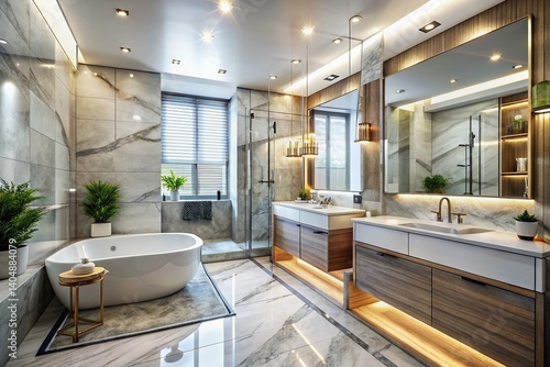Luxurious Modern Bathroom: A beautifully designed modern bathroom showcases elegant marble, sophisticated lighting, and contemporary fixtures. Reflecting a sense of tranquility and opulence.