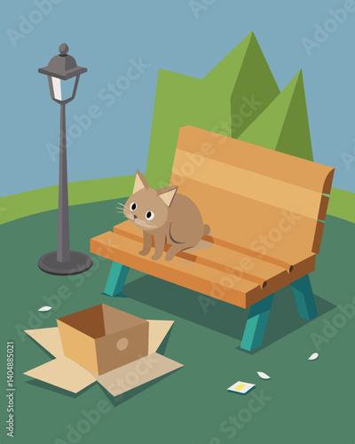A torn cardboard box resting on a park bench a temporary shelter for a stray cat or dog.. Vector illustration