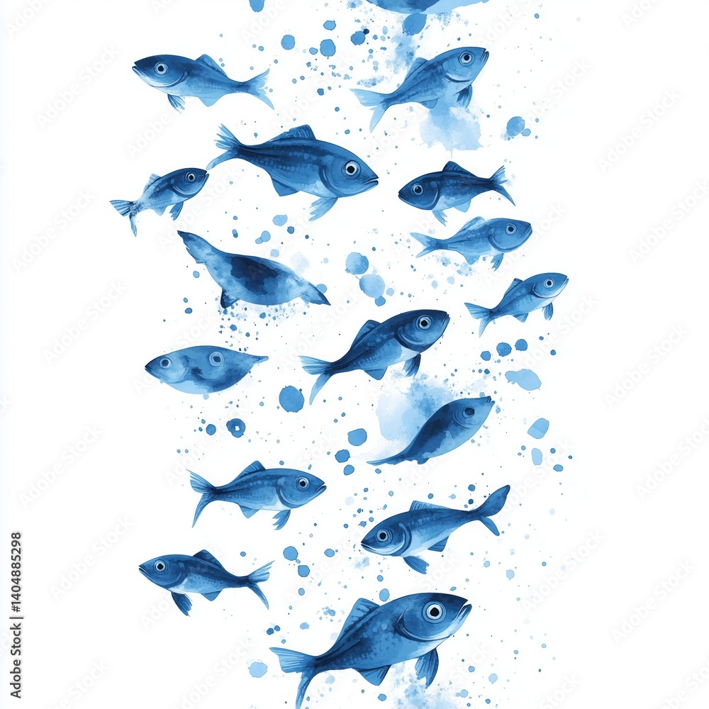 Fototapeta premium abstract illustration of a lot of small fishs, blue fishs, white background 