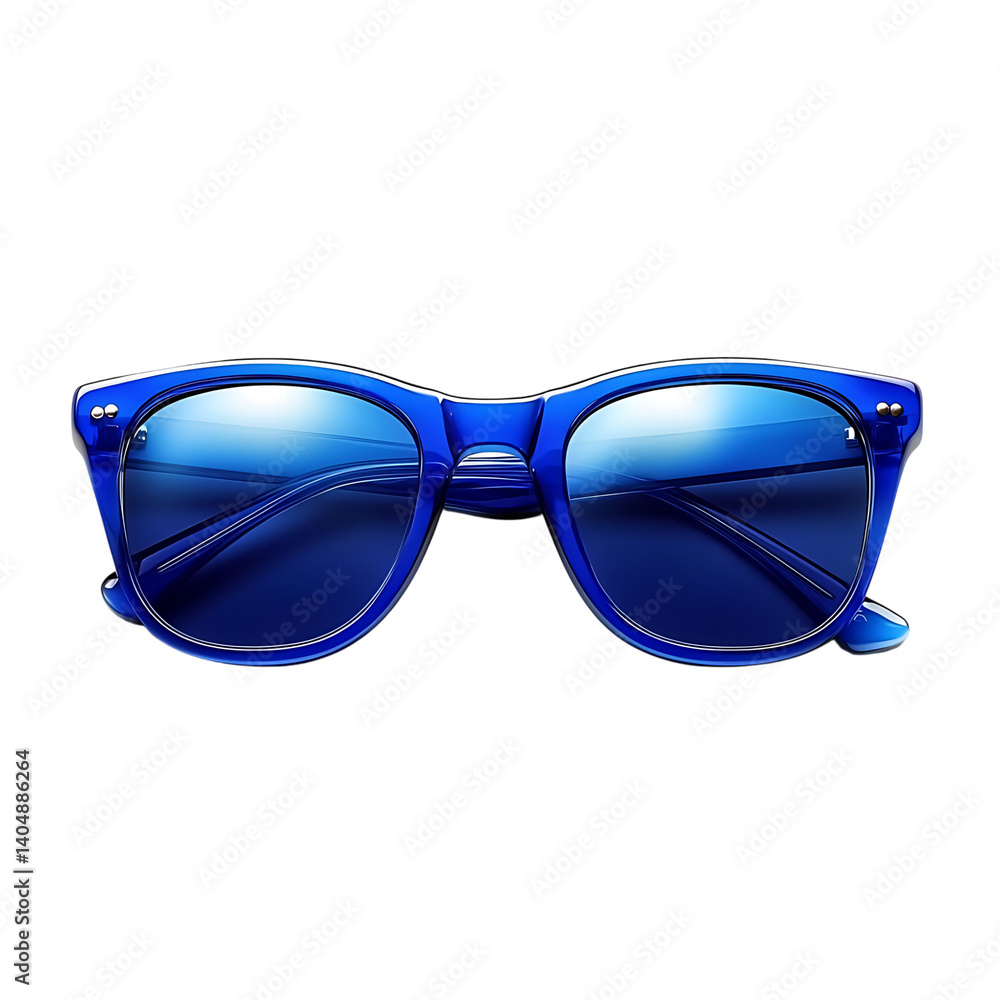 A front view of shiny sunglasses with blue translucent frames and dark tinted lenses, reflecting light and shown on a transparent background