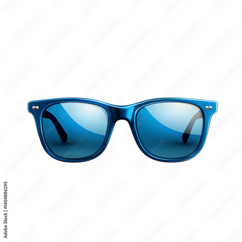A front view of shiny sunglasses with blue translucent frames and dark tinted lenses, reflecting light and shown on a transparent background