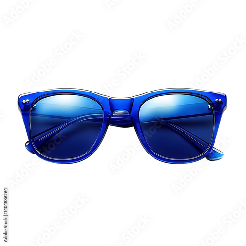 Obraz na płótnie A front view of shiny sunglasses with blue translucent frames and dark tinted lenses, reflecting light and shown on a transparent background w salonie