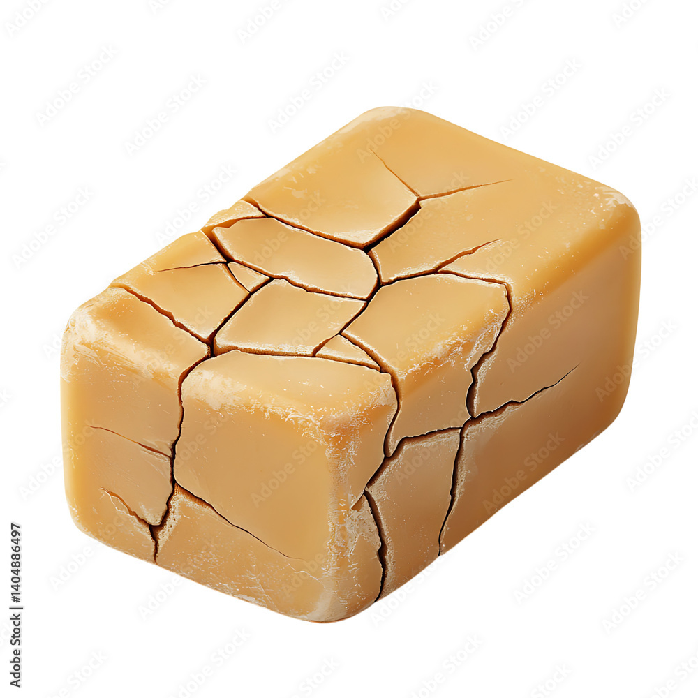 A beige rectangular soap bar with visible cracks and surface texture, rendered in high detail and presented on a transparent background