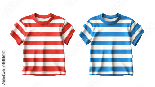 Two striped t-shirts in red and blue colors displayed side by side, perfect for casual wear or children's clothing