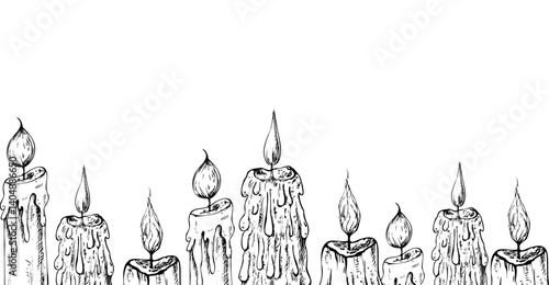 Vector border, banner candle with wick and wax. Hand painted linear candlelight illustration style for Christmas or birthday design. Graphic monochrome sketch isolated on background. For designers