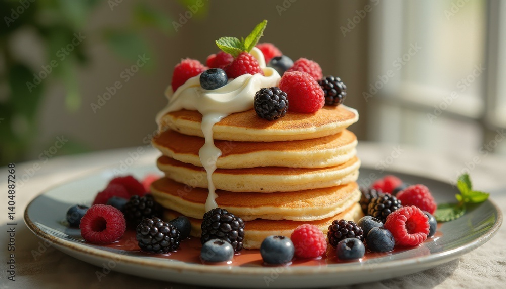 Delicious Stack of Pancakes with Fresh Berries and Creamy Topping on a Plate Delicious Stack of Pancakes with Fresh Berries and Creamy Topping on a Plate