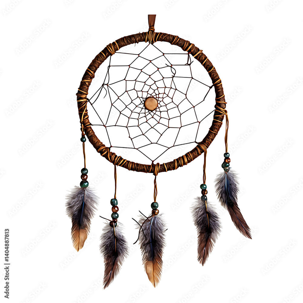 A traditional dreamcatcher featuring a circular woven frame adorned with a central web, five hanging feathers, and blue and brown decorative beads against a transparent background