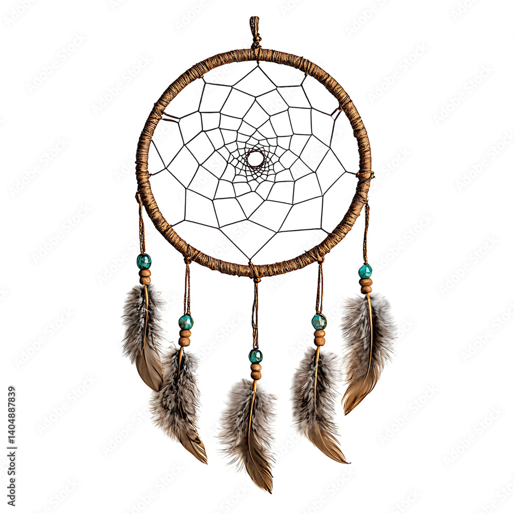 A traditional dreamcatcher featuring a circular woven frame adorned with a central web, five hanging feathers, and blue and brown decorative beads against a transparent background