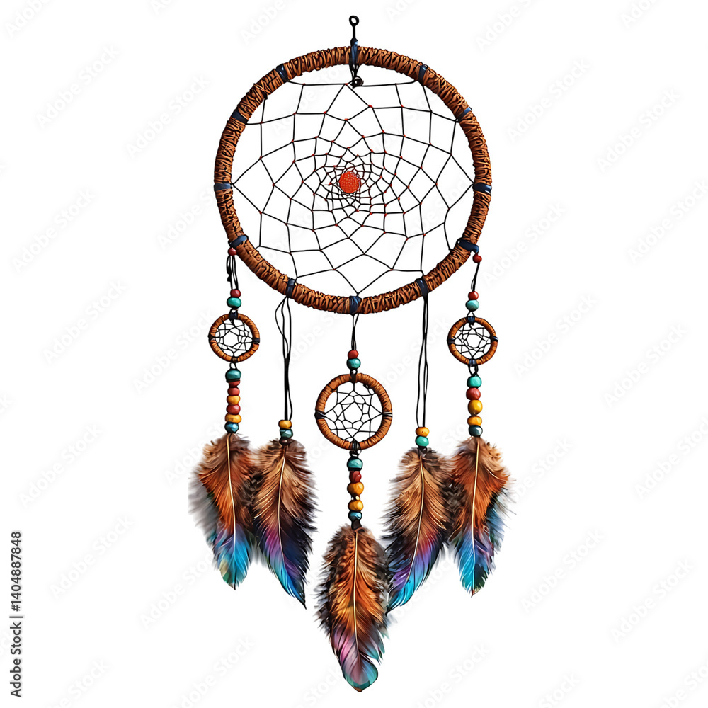 A traditional dreamcatcher featuring a circular woven frame adorned with a central web, five hanging feathers, and blue and brown decorative beads against a transparent background