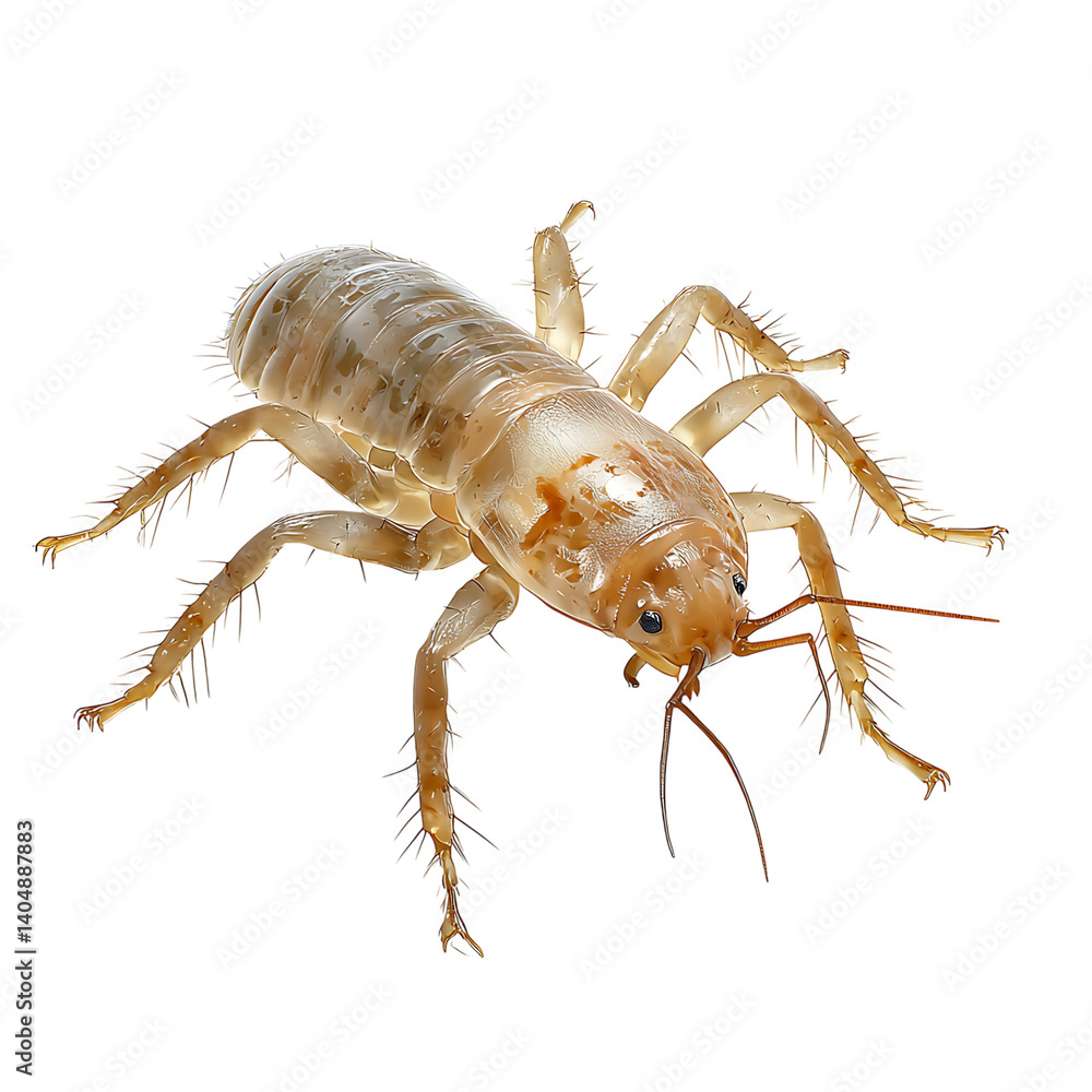 highly detailed illustration of a barklouse insect viewed from the front with segmented body, long antennae, and thin spiny legs, isolated on a transparent background