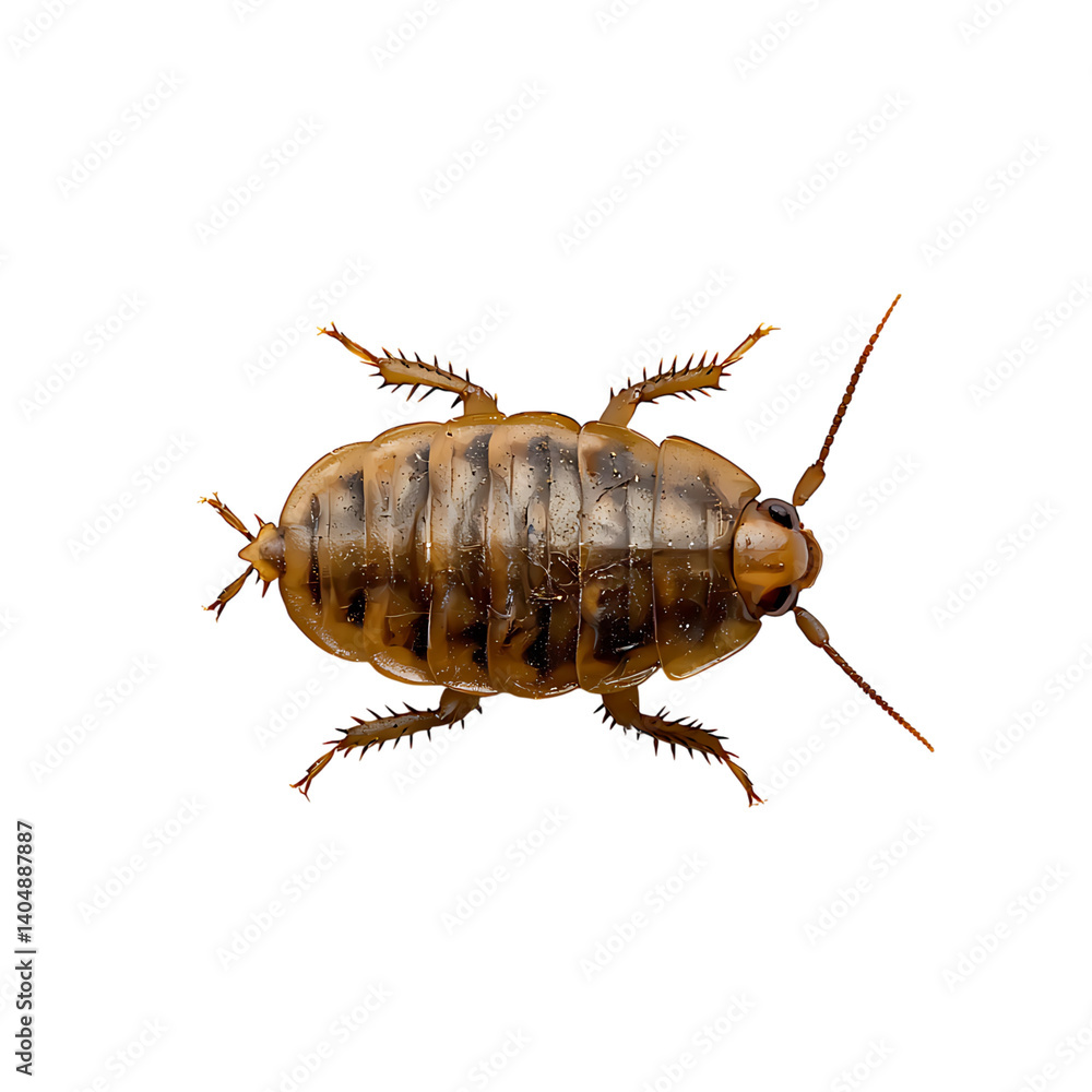 highly detailed illustration of a barklouse insect viewed from the front with segmented body, long antennae, and thin spiny legs, isolated on a transparent background