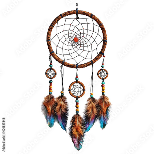 Obraz na płótnie A traditional dreamcatcher featuring a circular woven frame adorned with a central web, five hanging feathers, and blue and brown decorative beads against a transparent background w salonie