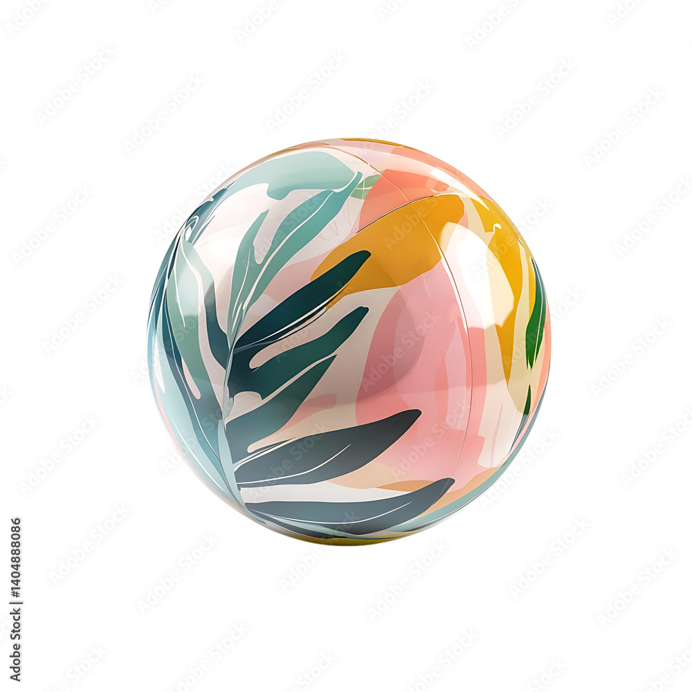 A shiny beach ball in alternating vertical stripes with a glossy plastic surface, rendered in a realistic 3D style and shown on a transparent background