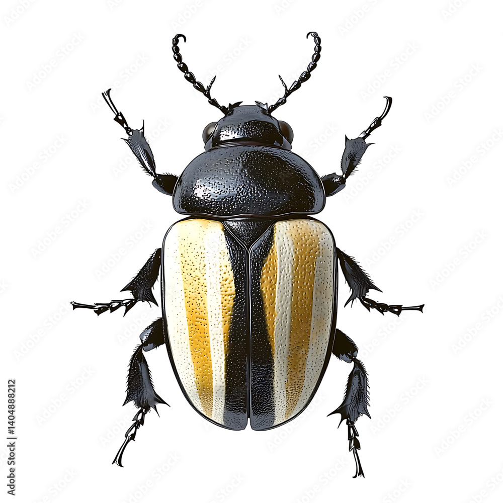 A symmetrical top view of a colorful beetle with black legs and glossy elytra featuring vibrant red and yellow vertical stripes, set against a transparent background