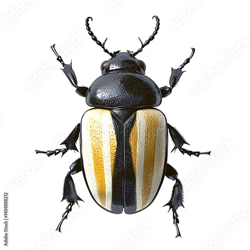 Obraz na płótnie A symmetrical top view of a colorful beetle with black legs and glossy elytra featuring vibrant red and yellow vertical stripes, set against a transparent background w salonie