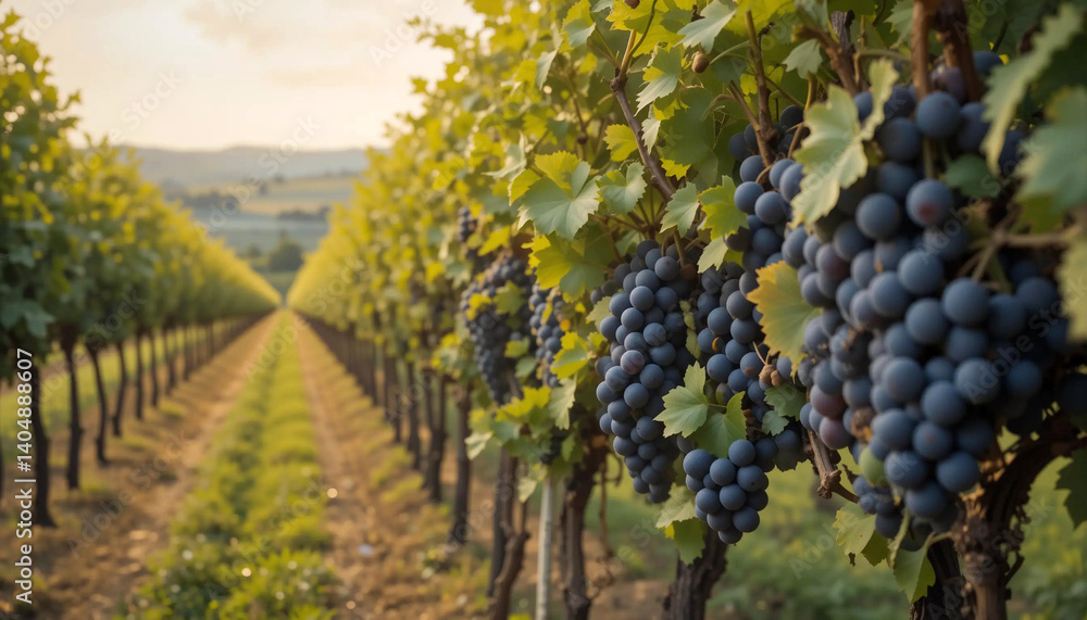 Naklejka premium Vineyards With Ripe Grapes Under Golden Sunlight in a Serene Landscape During Late Afternoon Hours Showcasing the Harvest Season