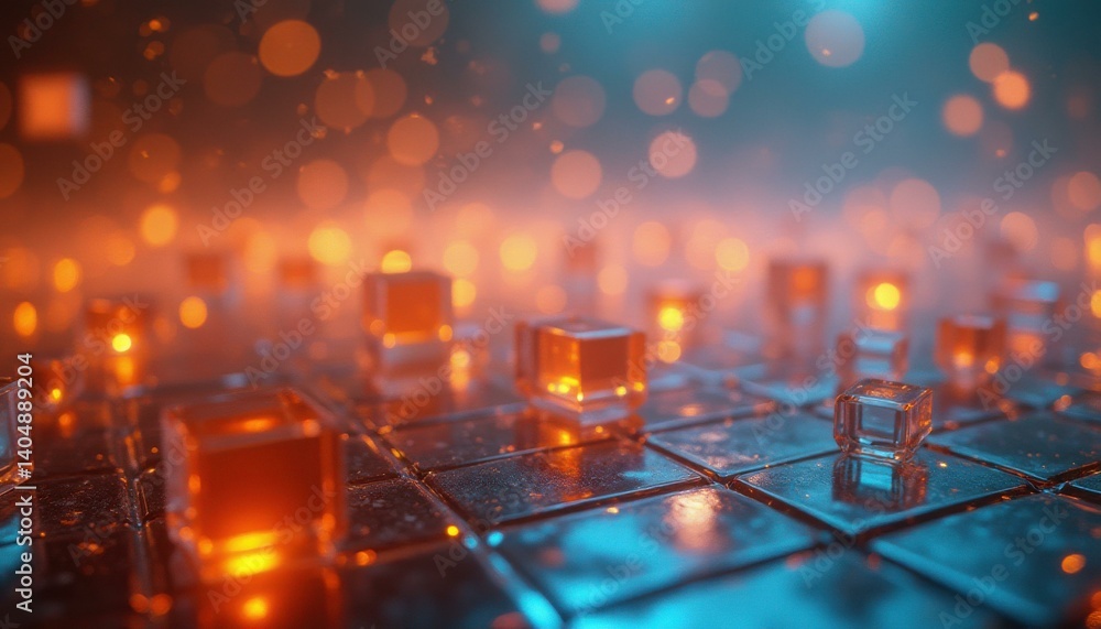 Abstract Grid with Luminous Orange Cubes and Bokeh Lights Against a Gradient Blue Background Abstract Grid with Luminous Orange Cubes and Bokeh Lights Against a Gradient Blue Background