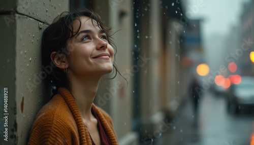 Wallpaper Mural Serene young woman gazes upward in the rain with a hopeful smile, wearing a cozy sweater and leaning against a textured wall. Torontodigital.ca