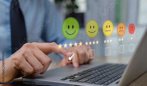 Conceptual customer satisfaction survey, click on icons, smile happily, and satisfied five-star, customers evaluate service quality, thus obtaining corporate reputation rating.