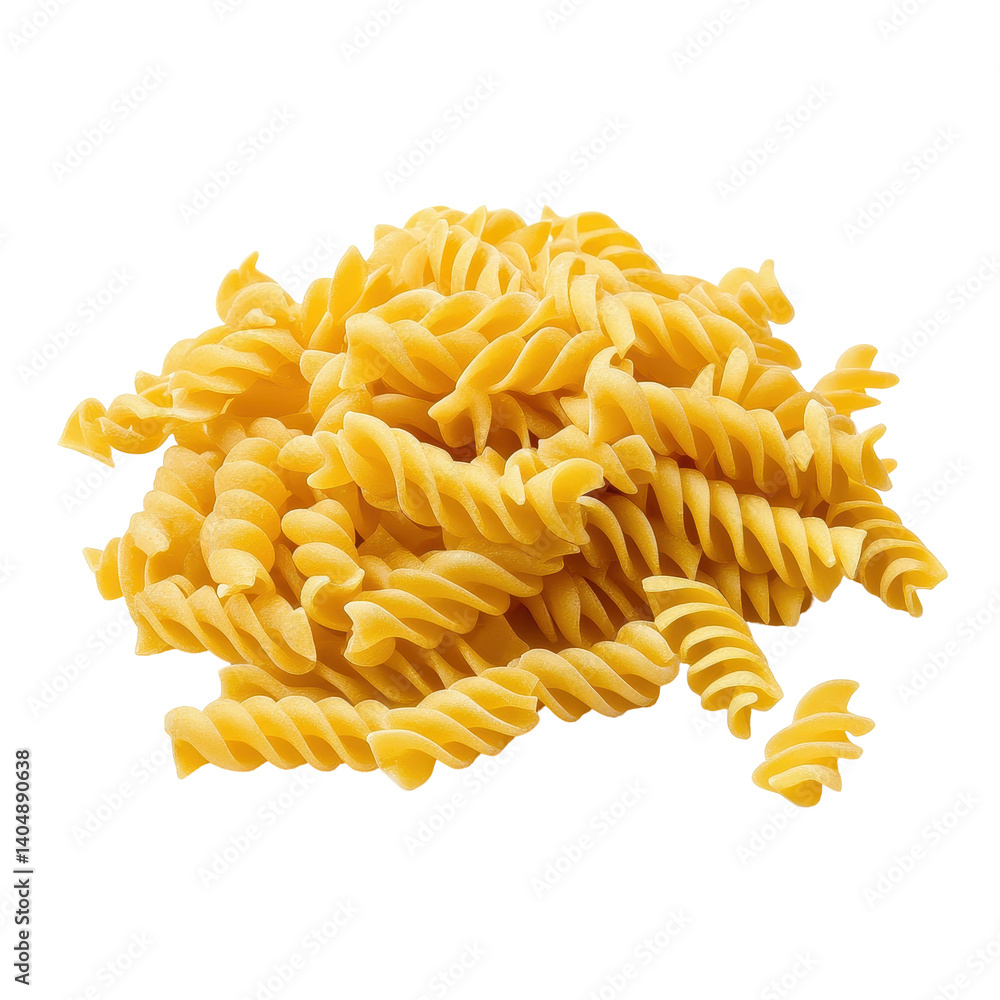 Fusilli pasta twisted into spirals on a clean white surface ready for cooking and recipes, Fusilli pasta isolated on white background Fusilli pasta twisted into spirals on a clean white surface ready for cooking and recipes, Fusilli pasta isolated on white background
