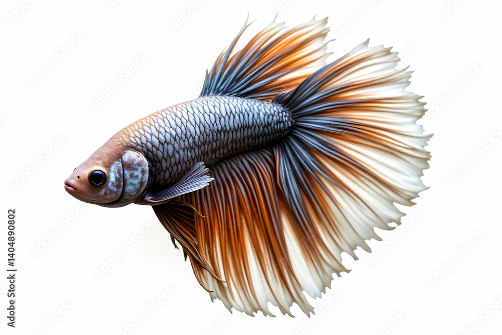 Fototapeta premium A beautiful Siamese fighting fish with a detailed scale pattern and elegant fin extensions in contrasting colors.