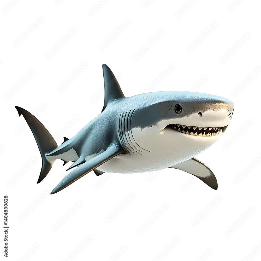 Fototapeta premium A sleek, 3D-rendered gray shark with a pointed snout turns to the right against a transparent background. Its dynamic pose captures your attention. (Transparent Background)