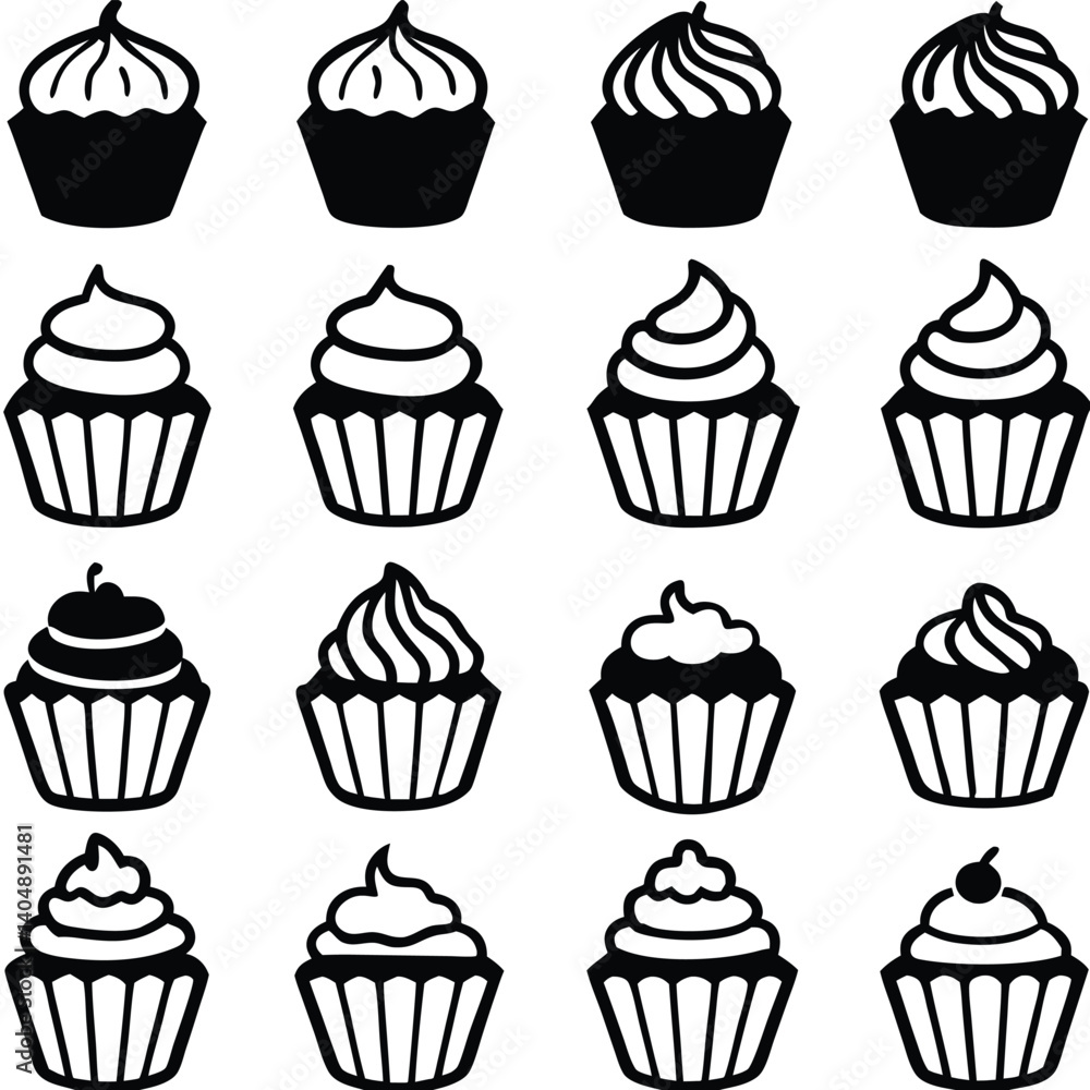 Set of cupcakes and cakes with sweet toppings and colorful illustrations, perfect for dessert, party, and bakery themes Set of cupcakes and cakes with sweet toppings and colorful illustrations, perfect for dessert, party, and bakery themes