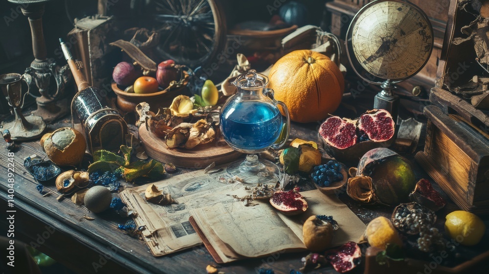 Dark magical apothecary table filled with potions and herbs Dark magical apothecary table filled with potions and herbs