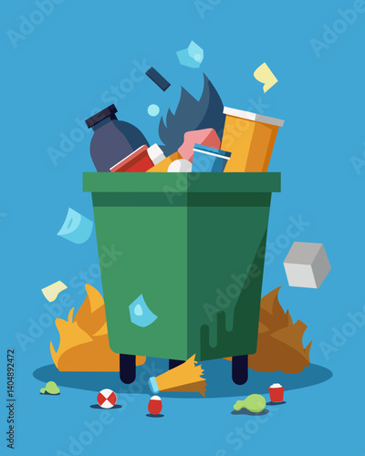 The dumpster was so crammed with garbage that the lid couldnt be closed revealing a jumbled mess of litter and debris.. Vector illustration
