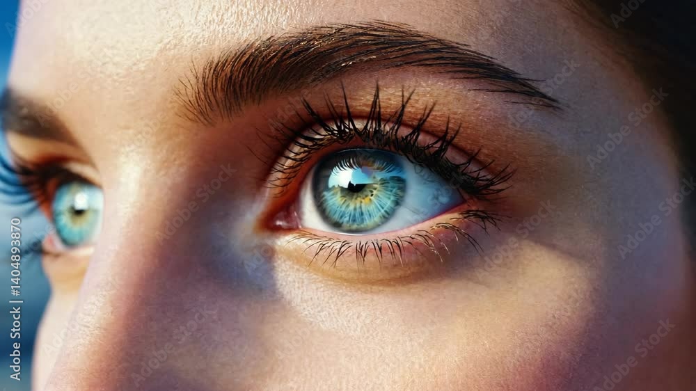 Macro close-up of a woman's captivating eye showing blue, green, and yellow colors with detailed eyelashes and eyebrows Macro close-up of a woman's captivating eye showing blue, green, and yellow colors with detailed eyelashes and eyebrows
