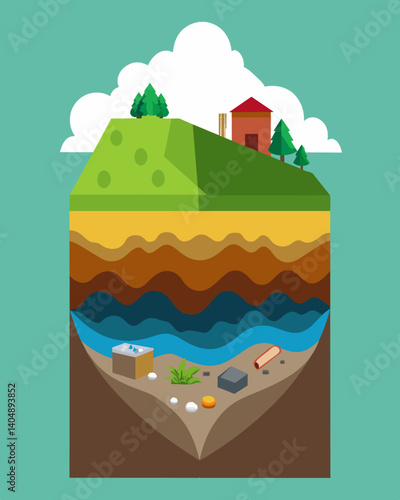 A snapshot of a landfills crosssection displaying a striking contrast between the earthy layers of soil and the artificial layers of manmade waste.. Vector illustration
