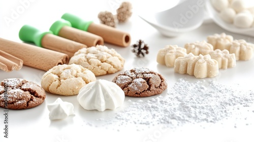 Assorted Homemade Cookies with Baking Tools and Ingredients on White Background