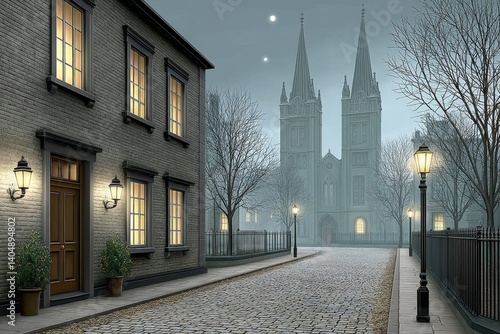 Gothic depiction of an old town with cobbled streets and candle-lit windows