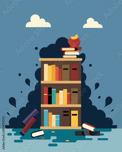 A neglected library filled with dusty books a sad waste of knowledge and potential for learning.. Vector illustration
