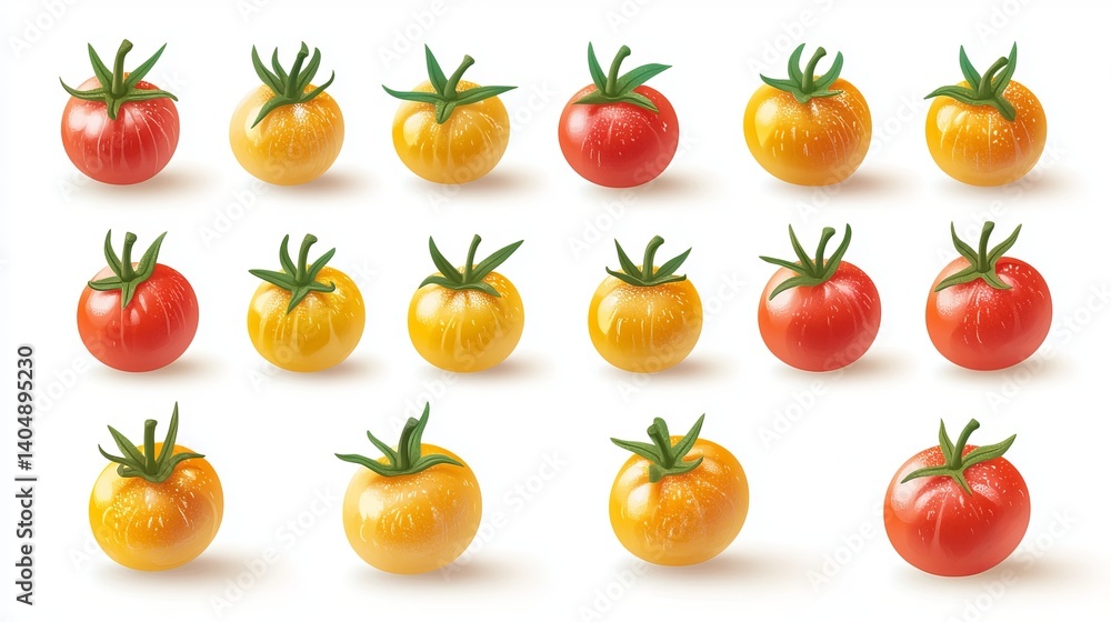 A grid of fifteen tomatoes in red and yellow colors with green stems on a plain white background view A grid of fifteen tomatoes in red and yellow colors with green stems on a plain white background view