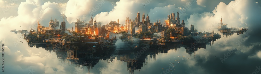 Naklejka premium A surreal cityscape featuring impossible architecture, floating in warped cubic dimensions, blending reality and imagination.