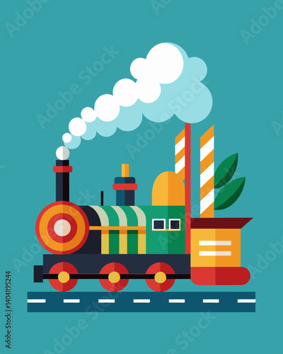 A steam train chugs along its outdated and inefficient combustion engine symbolizing the waste of energy compared to that produced by modern power plants.. Vector illustration