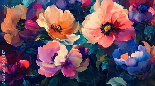 Artistic floral arrangement with vibrant colors and textured brushstrokes in a painterly style