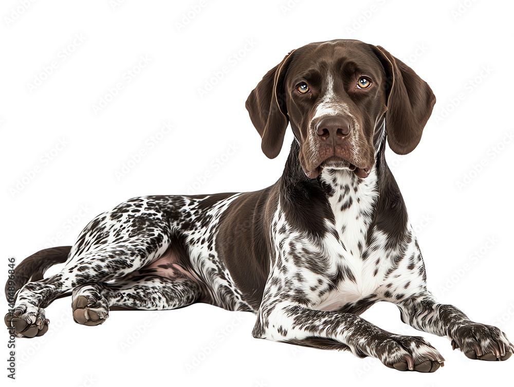 A resting German Shorthaired Pointer with striking eyes, lying gracefully on a white isolated background. A resting German Shorthaired Pointer with striking eyes, lying gracefully on a white isolated background.