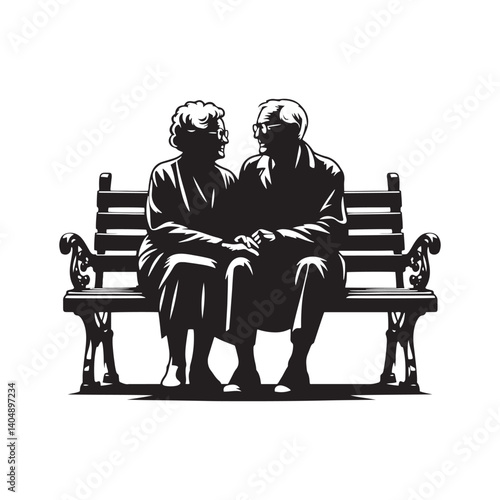Old couple sitting on bench silhouette - Vector of Old couple sitting on bench - Minimalist Old couple sitting on bench Illustration.