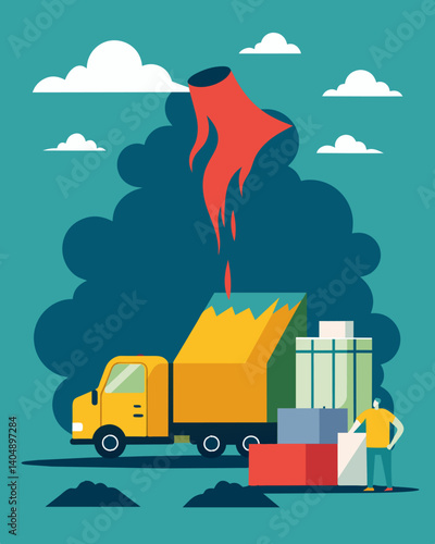 The scent of decay and chemicals fills the air as another truckload of fast fashion garments is dumped into the already overflowing landfill.. Vector illustration