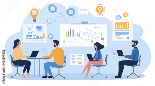 Collaborative Innovation: A dynamic illustration of a modern team engaged in strategic discussions and analysis, sparking innovative solutions and strategic insights for business growth and success.