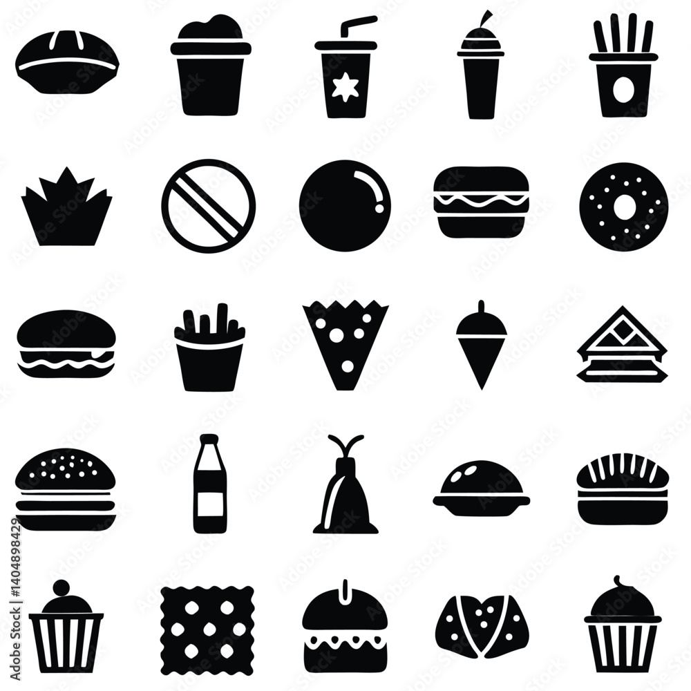 Food and drink icon set vector illustration design with coffee cup, wine glass, beer mug, cake silhouette, and other food symbols Food and drink icon set vector illustration design with coffee cup, wine glass, beer mug, cake silhouette, and other food symbols
