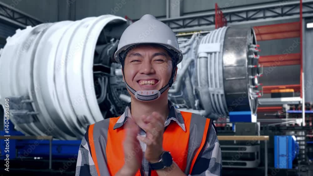 custom made wallpaper toronto digitalClose Up Of Asian Male Engineer With Safety Helmet Smiling And Clapping His Hands While Standing With Airplane Engine Maintenance Conducted, Analytics Checking the Turbine