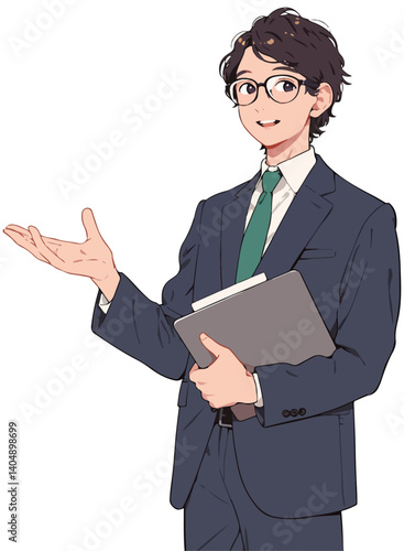 アニメ調の説明するスーツ姿の眼鏡を掛けた男性のイラスト