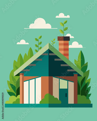 The roof of the facility is covered in a thick layer of vegetation providing both insulation and improving air quality.. Vector illustration