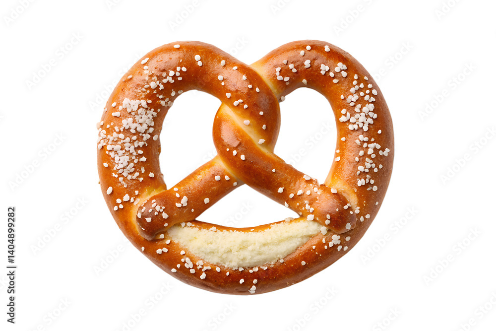 Freshly baked soft pretzel with coarse salt on a white surface, baked goods, snack Freshly baked soft pretzel with coarse salt on a white surface, baked goods, snack